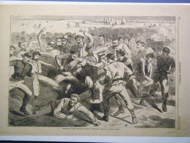 (a Homer + 4 etchings) 1865 original Winslow Homer: (a Homer + 4 etchings) 1865 original Winslow Homer wood-block, entitled "Holiday in Camp-Soldiers Playing Foot-ball", removed from the 7/15 issue of Harper's Weekly Magazine. Measures 11" x 16". With: