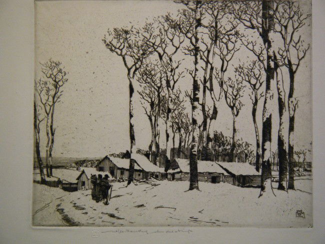 (2 orig etchings) Scarce 1920 etched American view: (2 orig etchings) Scarce 1920 etched American view by John Taylor Arms, best known for his ships and European cathedrals. This is entitled "Evening, Kennabago Stream", signed and dated in pencil at lo