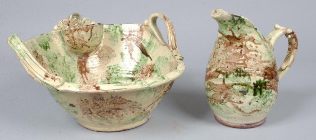 Rare Greg Shooner 1993 Shenandoah Style (after J. E: Rare Greg Shooner 1993 Shenandoah Style (after J. Eberly & Co., Strasburg, VA) Redware Pottery Pitcher and Bowl Set, yellow ground with green and brown mottled drip glaze. Bowl 8 3/4"h x 16" diam., pi