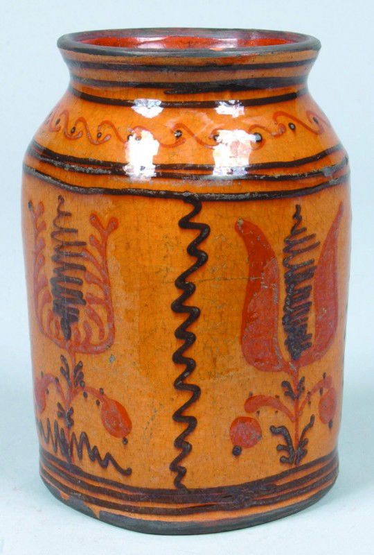 Greg Shooner 2005 Glazed Redware Pottery Tulip Desi: Greg Shooner 2005 Glazed Redware Pottery Tulip Design Polychrome Slip Decorated Square Form Open Canister, 6 3/4" high. Condition: good with intentional wear.