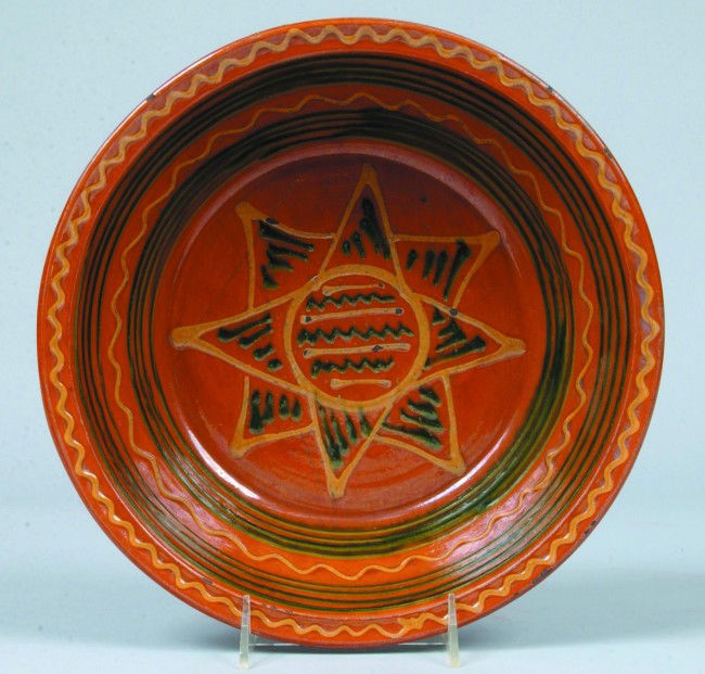 Greg Shooner 2002 Glazed Redware Pottery Flared Edg: Greg Shooner 2002 Glazed Redware Pottery Flared Edge Bowl. John Bell Snow Hill Nunnery style. 3 1/4"h x 11 1/4" diam. Condition: good with intentional wear.