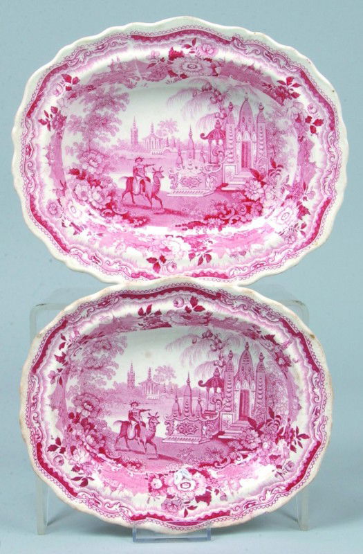 Staffordshire Red Transfer China an asian scene 2 p: Staffordshire Red Transfer China an asian scene 2 pieces with scalloped edge: 1 vegetable 7"w. x 8 1/2"l.; 1 vegetable 6 1/2"w. x 8"l.; no marks. Condition: GOOD