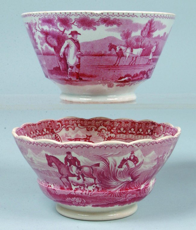 Staffordshire Red Transfer China 2 pieces; scallop: Staffordshire Red Transfer China 2 pieces; scalloped edge bowl 6 1/4", fox hunt design; smooth edge bowl 6 1/4", "Sower"design. No marks. Condition: all GOOD