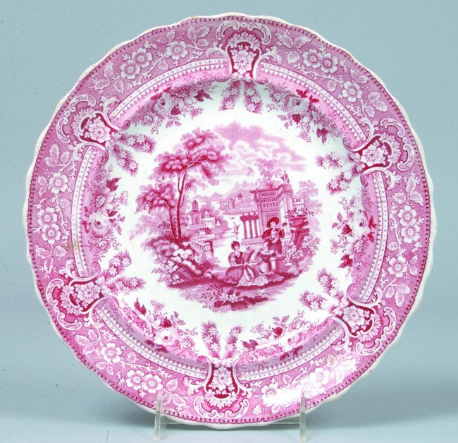 Staffordshire Red Transfer China Plate with scallo: Staffordshire Red Transfer China Plate with scalloped edge; 10 3/4"; lute players in classic scene. Marked: Dillon, stoneware. Cond. GOOD