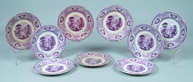 Nine Paneled "Corinthia" Ironstone Plates; 8 1/2"d: Nine Paneled "Corinthia" Ironstone Plates; 8 1/2"d.; Marked: "E. Challinor". Condition: one plate has 2 chips at rim, otherwise GOOD