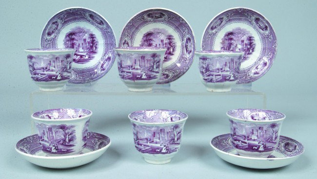Six Cups with Five Saucers Paneled "Corinthia" Iro: Six Cups with Five Saucers Paneled "Corinthia" Ironstone Plates; 3"h. and 6"d.; Saucers marked: "Challinor". Condition: 1 cup has small crack from rim, o/w GOOD