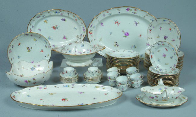 Meissen Dinnerware Set, 67 pieces, scalloped edge,: Meissen Dinnerware Set, 67 pieces, scalloped edge, pattern similar to #010110 "Strewn Flowers" with butterflies and gold rim; 12 Dinner Plates 10"d, 12 Salad/Luncheon Plates 8 1/4"d., 12 B&B Plates 7"