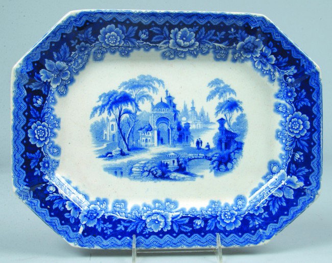 Blue Transfer Ironstone Platter, 10 1/4"w. x 13 3/: Blue Transfer Ironstone Platter, 10 1/4"w. x 13 3/4"l.; hexagonal shape classical scene with floral border. Marked:"Spoletto". Condition: Good