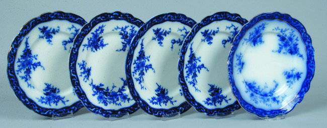 Five Flow Blue Ironstone Plates, 10"d.; Touraine d: Five Flow Blue Ironstone Plates, 10"d.; Touraine design with gold accent. Marked: Stanley and Henry Alcock Pottery Co. Condition: chip on one plate rim.