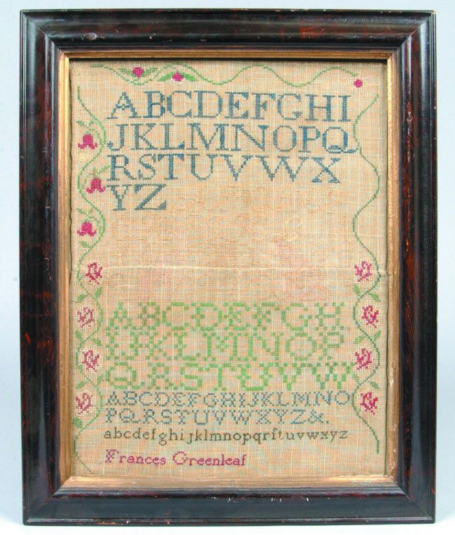 Framed Sampler, 12 3/4"w. x 16 1/2"h. site size; f: Framed Sampler, 12 3/4"w. x 16 1/2"h. site size; five alphabet exercises, bordered with incomplete vining and red flowers on natural linen. Signed at bottom: Frances Greenleaf in red. Condition: Good