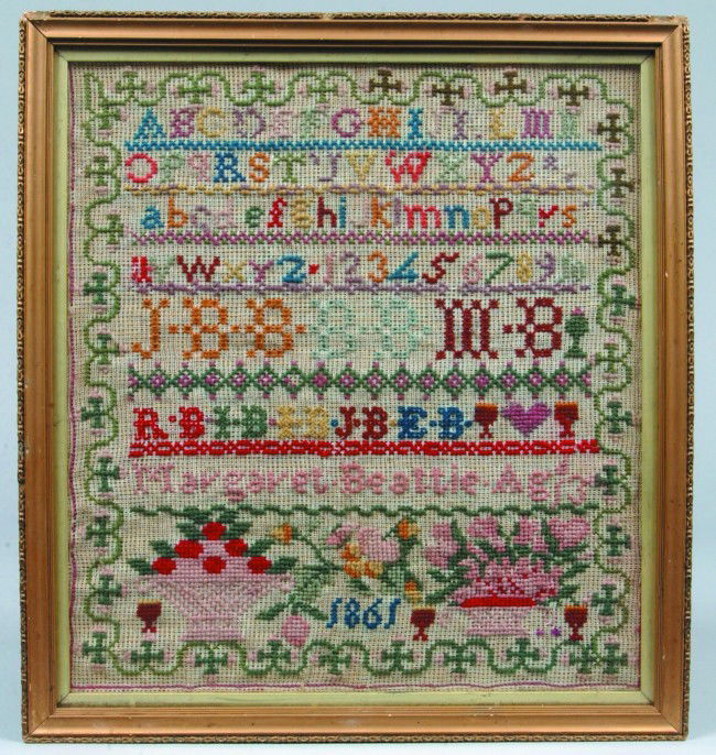 Framed Sampler, 11"w. x 12"h. site size; Two alpha: Framed Sampler, 11"w. x 12"h. site size; Two alphabet and one number exercises with a series of letters, probably initials of family members, with several different geometric borders and rose vining a