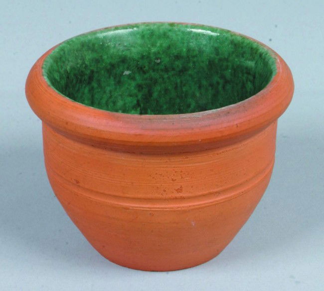 Redware Custard Cup, 2 1/2"h.; interior green glaz: Redware Custard Cup, 2 1/2"h.; interior green glaze, incised line mid-body, inscribed on bottom: "Made by I.S. Stahl, May 7 1941". Condition: firing cracks inside bottom o/w Good