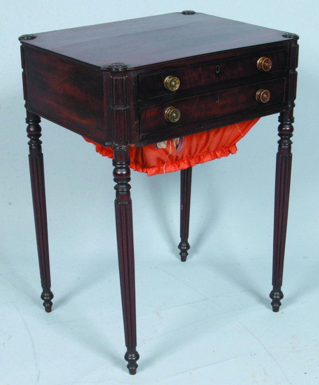 Southeastern Pennsylvania Sheraton Mahogany and Bu: Southeastern Pennsylvania Sheraton Mahogany and Burl Mahogany Sewing Stand, circa. 1810-1830. Shaped top with rosette corners, two full-width cock beaded dovetailed compartmented drawers above a fabri