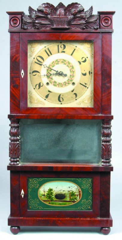 Carved Mahogany Empire Triple Decker Shelf Clock, : Carved Mahogany Empire Triple Decker Shelf Clock, 8 day movement, 3 tier case, lower reverse painted glass panel with oval viewing hole, beveled mirror with carved columns, hand painted dial below a c