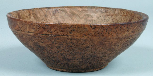 Northeastern Late18th/Early 19th Century Elm Burlw: Northeastern Late18th/Early 19th Century Elm Burlwood Turned Bowl. 3 1/4"h x 8 1/2" diam. Condition: good with normal wear and small cracks at base.