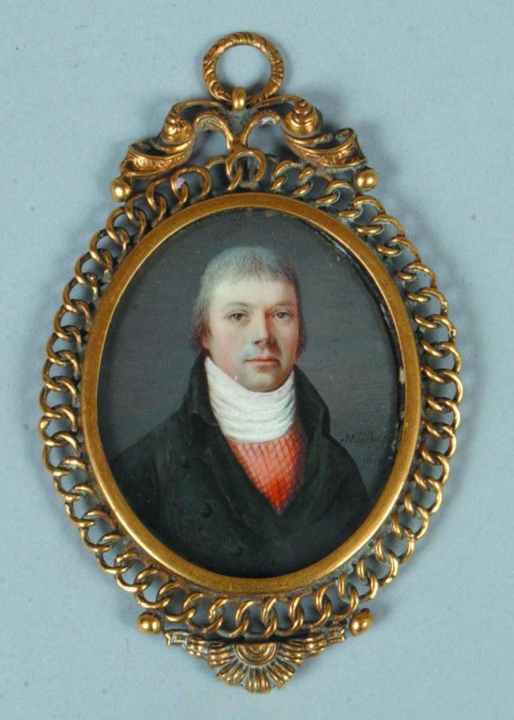 19th Century Miniature Portrait Painting on ivory: 19th Century Miniature Portrait Painting on ivory of a Gentleman signed on front and back illegibly, oval brass chain and scroll frame . 3 1/4 " x 2 1/4" overall. Condition: good.