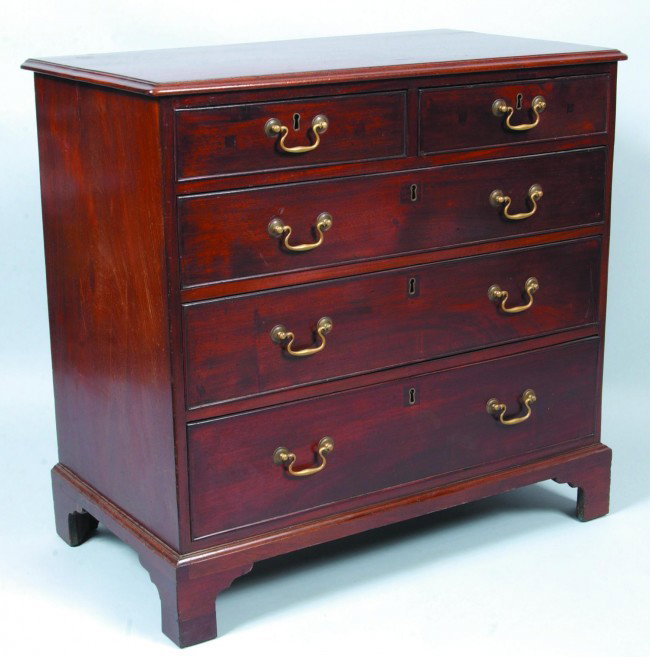 Hepplewhite Mahogany Chest of Drawers circa. 1790-: Hepplewhite Mahogany Chest of Drawers circa. 1790-1810. Molded top, two over three full width, cock beaded, dovetailed graduated drawers, (replaced brass) and molded bracket base. 34 1/4"h x 36"w x 20