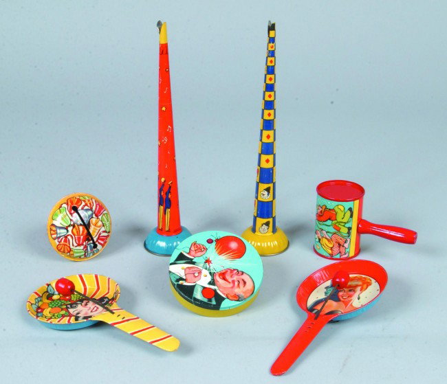 Seven Pieces Color Lithographed Steel Noise Makers: Seven Pieces Color Lithographed Steel Noise Makers, two Kirchhof horns,11"l.; two "frying pan" types; three rattles with painted wood handles. Condition: Horns missing wooden mouthpiece, otherwise Goo