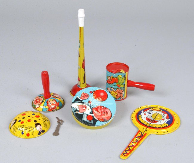 Five Pieces Color Lithographed Steel Noise Makers,: Five Pieces Color Lithographed Steel Noise Makers, one TC horn, 9"l.; one "frying pan" type; one bell; two rattles and a partial. Condition: Good
