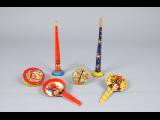 Six Pieces Color Lithographed Steel Noise Makers, : Six Pieces Color Lithographed Steel Noise Makers, two Kirchhof horns, 11"l.; two "frying pan" type; two rattles. Condition: One horn missing wooden mouthpiece otherwise Good