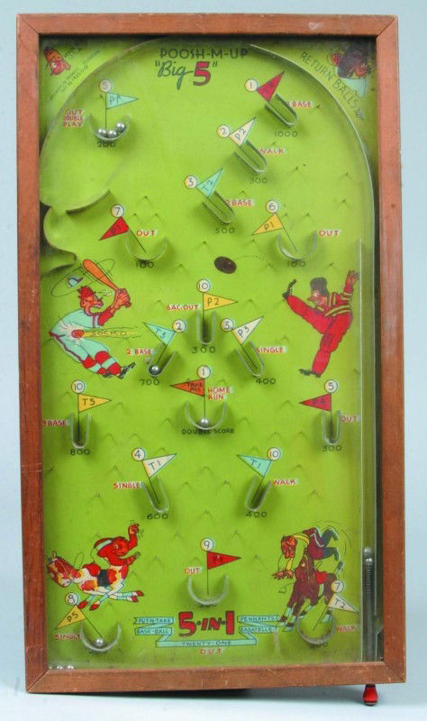 "Poosh-M-Up Big 5" Bagatelle, 13"w. x 23"l.; green: "Poosh-M-Up Big 5" Bagatelle, 13"w. x 23"l.; green game board with metal balls and obstructions and color graphics in a wooden frame with glass cover. Condition: Good, missing wire stand bracket.