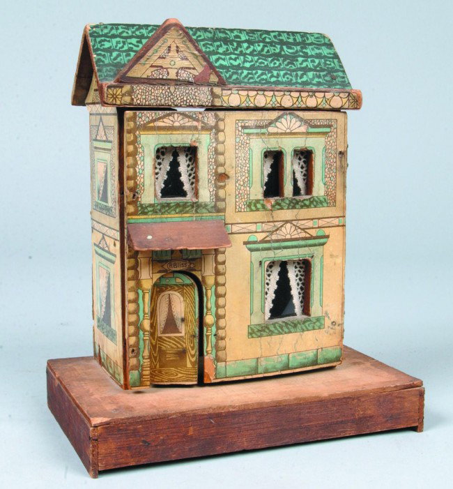 Lithographed Paper Covered Wood Bliss Doll House, : Lithographed Paper Covered Wood Bliss Doll House, 8 1/2"w. x 10 1/2"h.; Marked R. Bliss over door. Applied eave over door is not original. Condition: water stains, pasteboard backing warped, mid floor