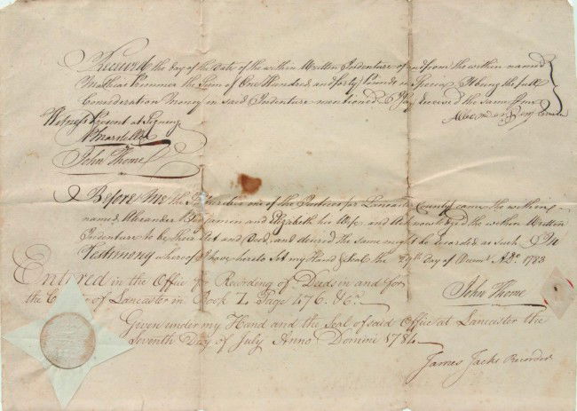 1786 Indenture of Land, 10-3/4" h. x 15" w., betwe: 1786 Indenture of Land, 10-3/4" h. x 15" w., between Alex. Benjamin and John Thome in Lancaster County and signed by James Jack, with embossed wax and paper seal of County of Lancaster, PA. Condition: