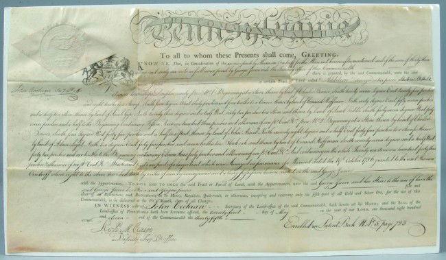 1811 Indenture of Land, 12" h. x 21-1/4" w., betwe: 1811 Indenture of Land, 12" h. x 21-1/4" w., between Herman Orndorff and George Zweir for land parcel in Lebanon Twp. Of Dauphin Co. PA. Witnessed and signed by PA. officials John Cochran and Richard