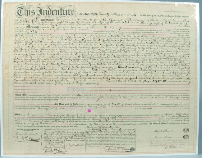 1858 Indenture of Land, 17-3/4" h. x 22-3/4" w., b: 1858 Indenture of Land, 17-3/4" h. x 22-3/4" w., between Benjamin Musser MD of Strasburg and Henry Neff of Strasburg, Lancaster Co., PA. Also signed by Kevin Buchwalter and Samuel Bower. Condition: Go
