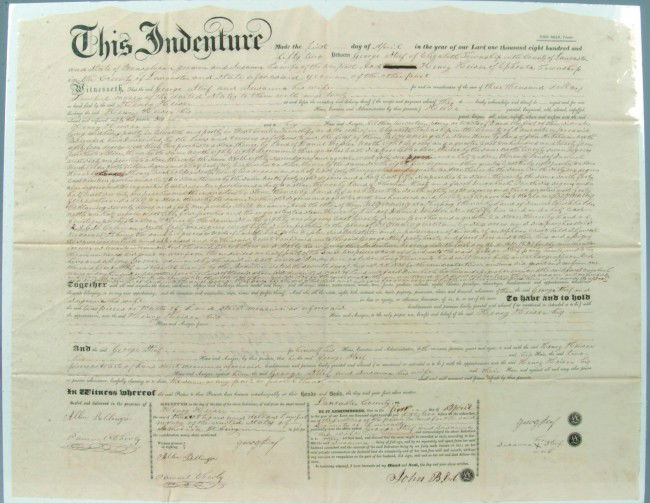 1852 Indenture of Land Printed by John Bear, 17-3/: 1852 Indenture of Land Printed by John Bear, 17-3/4" x 23" w., between George Stief of Elizabeth Twp. And Henry Heiser of Ephrata Twp., both of Lancaster Co., PA. Also signed by Allen Bollinger and Sa