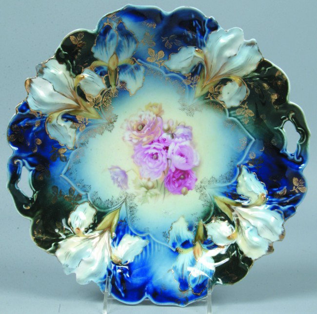 RS Prussia Cake Plate, 11"d.; Mold 25; FD 8 in cen: RS Prussia Cake Plate, 11"d.; Mold 25; FD 8 in center with cobalt and deep green border and gold stenciled leaves, border and highlights. Mark 11. Condition: Good.