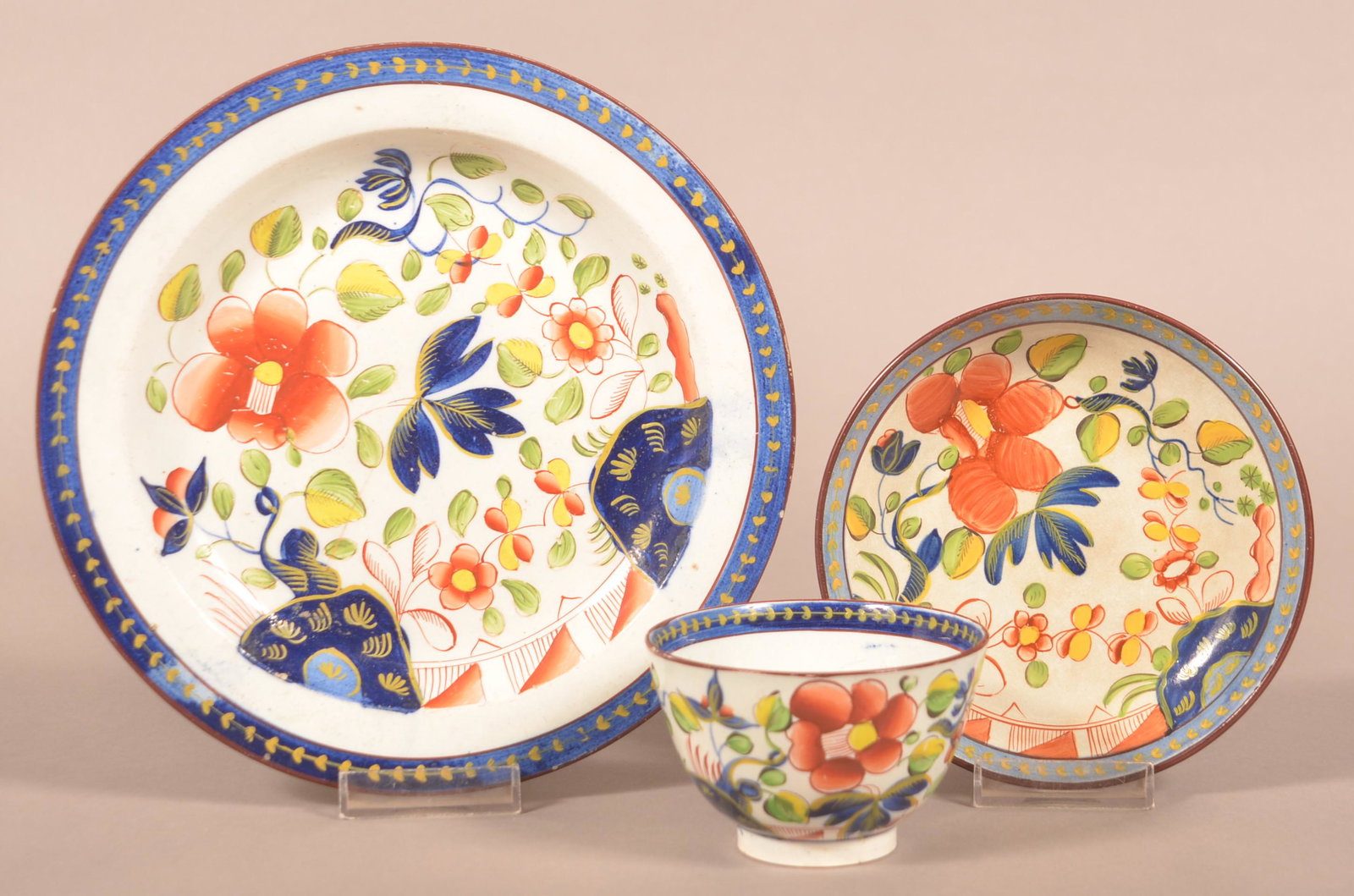 Gaudy Dutch Single Rose Plate, Cup & Saucer. (1 of 3)