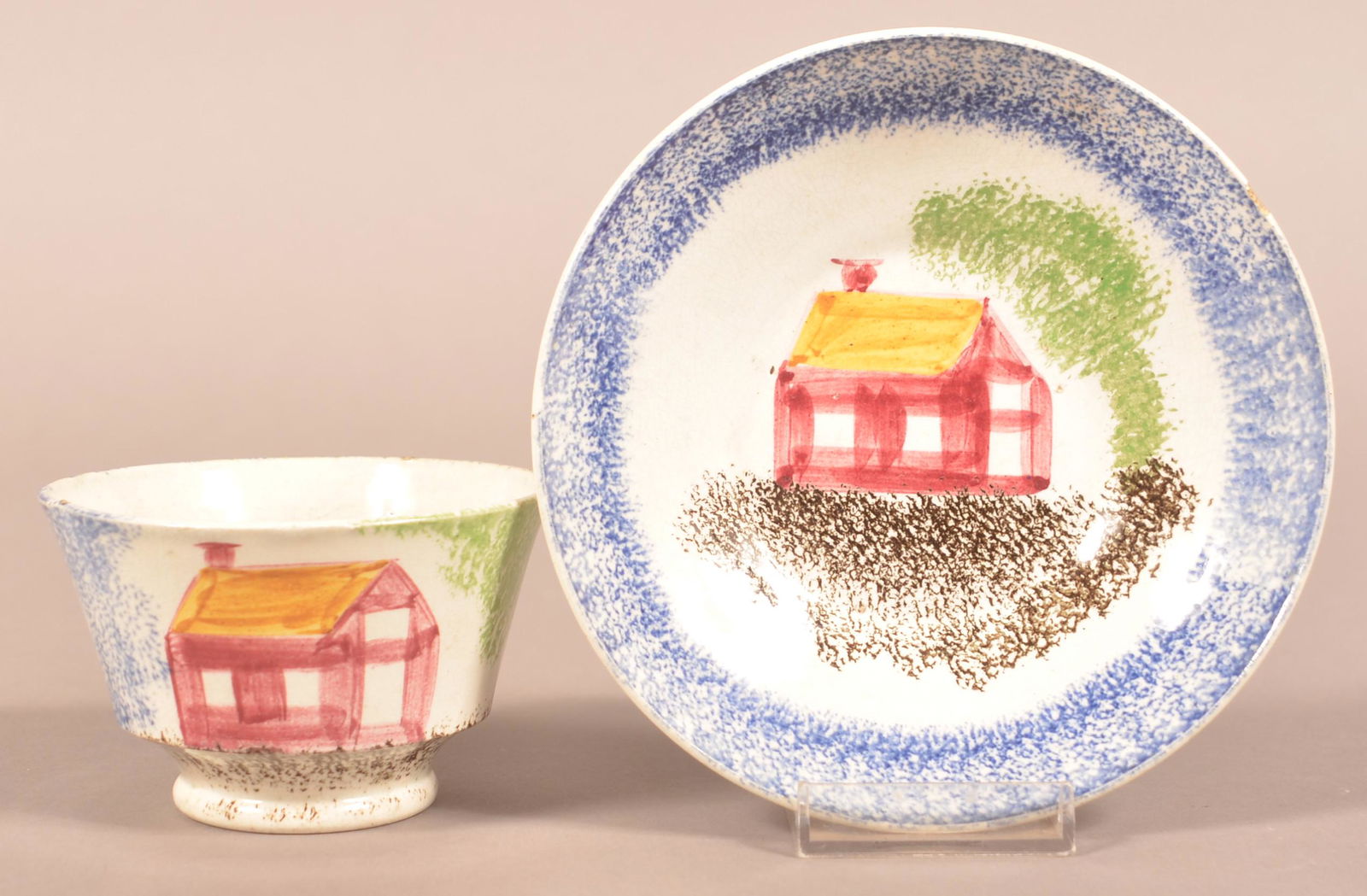 Blue Spatter Schoolhouse Cup and Saucer. (1 of 3)