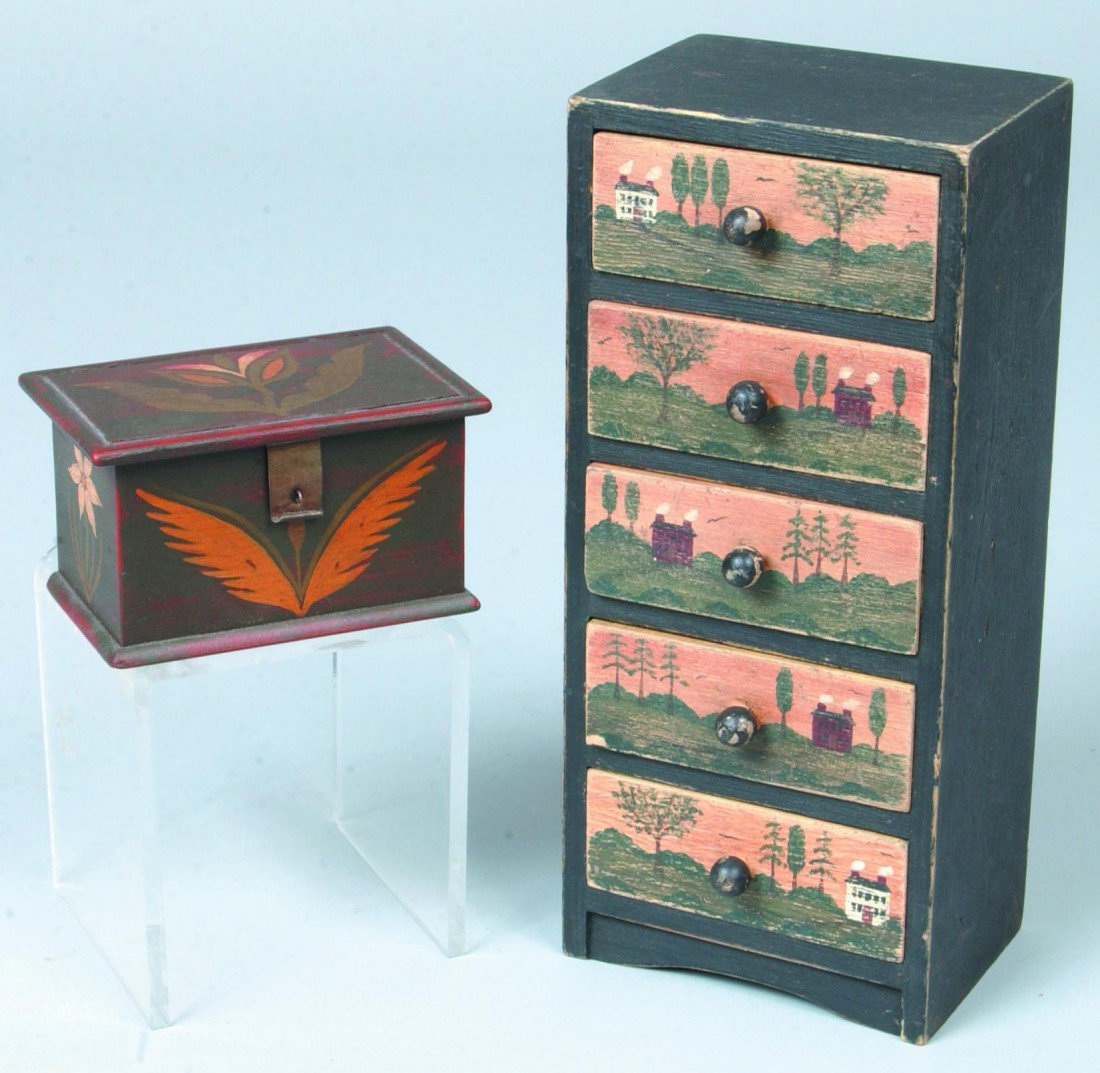Two Contemporary Folk Art Miniatures; Painted Trink: Two Contemporary Folk Art Miniatures; Painted Trinket Box with floral decorations, signed by: Robert E. Endes of Carlisle, PA. and a Painted Chest of Five Drawers. Each painted with country house land