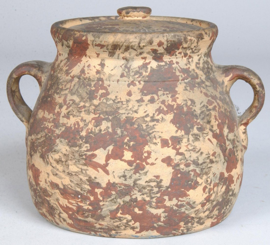 Paint Decorated Earthenware Bean Pot, bulbous crock: Paint Decorated Earthenware Bean Pot, bulbous crock with lid and two loop handles; Marked: free-hand on lid, "Parkerburg, W. Va. Bean Baker" and stamped on bottom: "Dan Mercer, Ware, Parkersburg, W. V