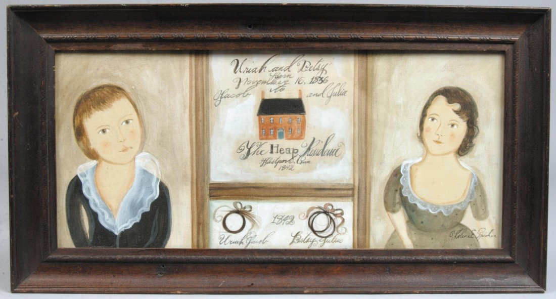 Hand painted Wedding Portraits, young man and woman: Hand painted Wedding Portraits, young man and woman with image of house, names, date and hair samples in wood frame. Signed: "Kolene E. Spicher" 9 1/2"h. X 18"w. Condition: bumps to frame.