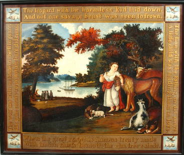 Oil on Canvas of Hicks Peacable Kingdog and Penn's: Oil on Canvas of Hicks Peacable Kingdog and Penn's Treaty with Indians with ship on water in background and verses in margin, lamb and dove corner blocks in modern painted frame, signed on verso "Davi