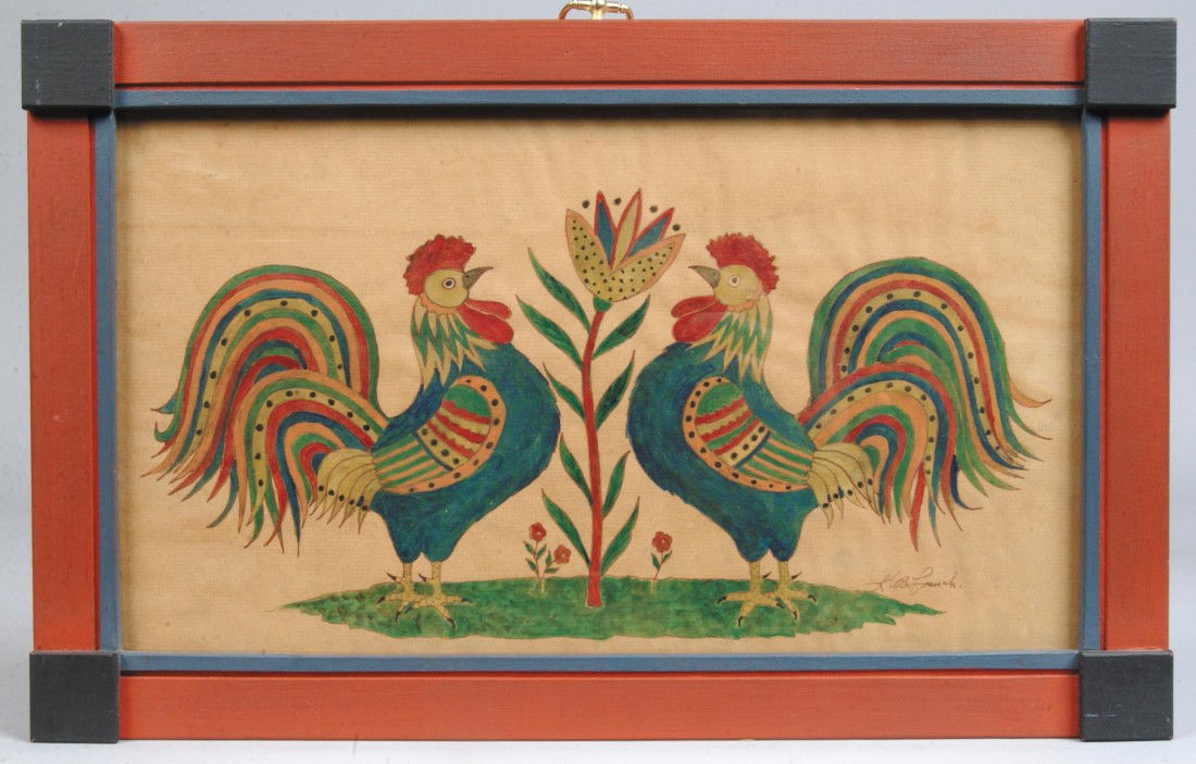 Watercolor on Paper, two polychrome roosters flanki: Watercolor on Paper, two polychrome roosters flanking a tulip with leaves signed lower right G. B. French, in folk painted frame, 8-1/4" h. x 14-3/4" w. image and 11" h. x 17-1/2" overall.