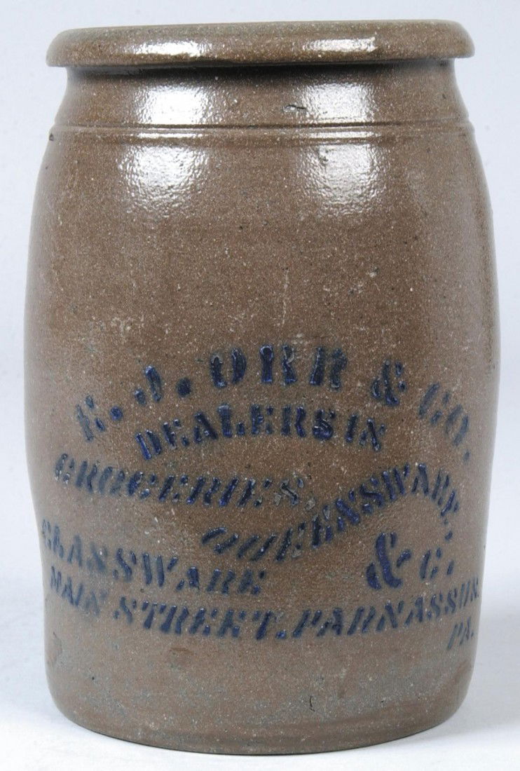 Orr & Co. Storage Crock, stenciled: "E. J. Orr & CO: Orr & Co. Storage Crock, stenciled: "E. J. Orr & CO., Dealers in Grocerie's Queensware, Glassware & c. Main Street, Parnassus, PA." 8 1/2"h. Condition: chip on inside of rim o/w Good