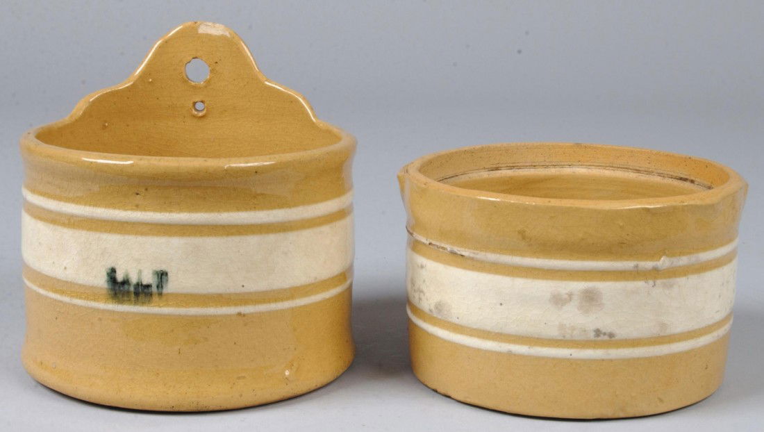 Yellowware Salt Box and Round Box, salt has back t: Yellowware Salt Box and Round Box, salt has back tab with mounting hole, horizontal white stripes with green stenciled "salt" on front, 6"h. x 6"dia., chip to back tab; round box has same stripes , 3
