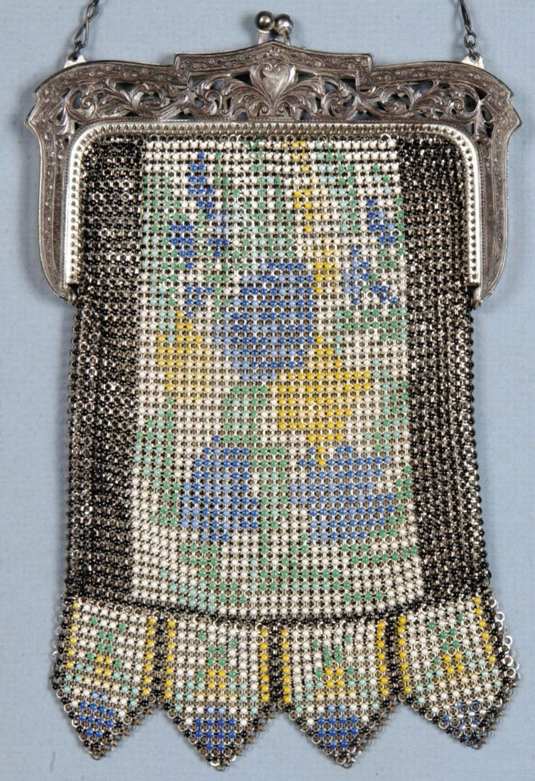 Painted Mesh Purse, blue, yellow and green on whit: Painted Mesh Purse, blue, yellow and green on white, reticulated silver plated frame, chain link handle. Frame marked: "Whiting & Davis Co., Mesh Bags". 7 1/4"l. Condition: Good