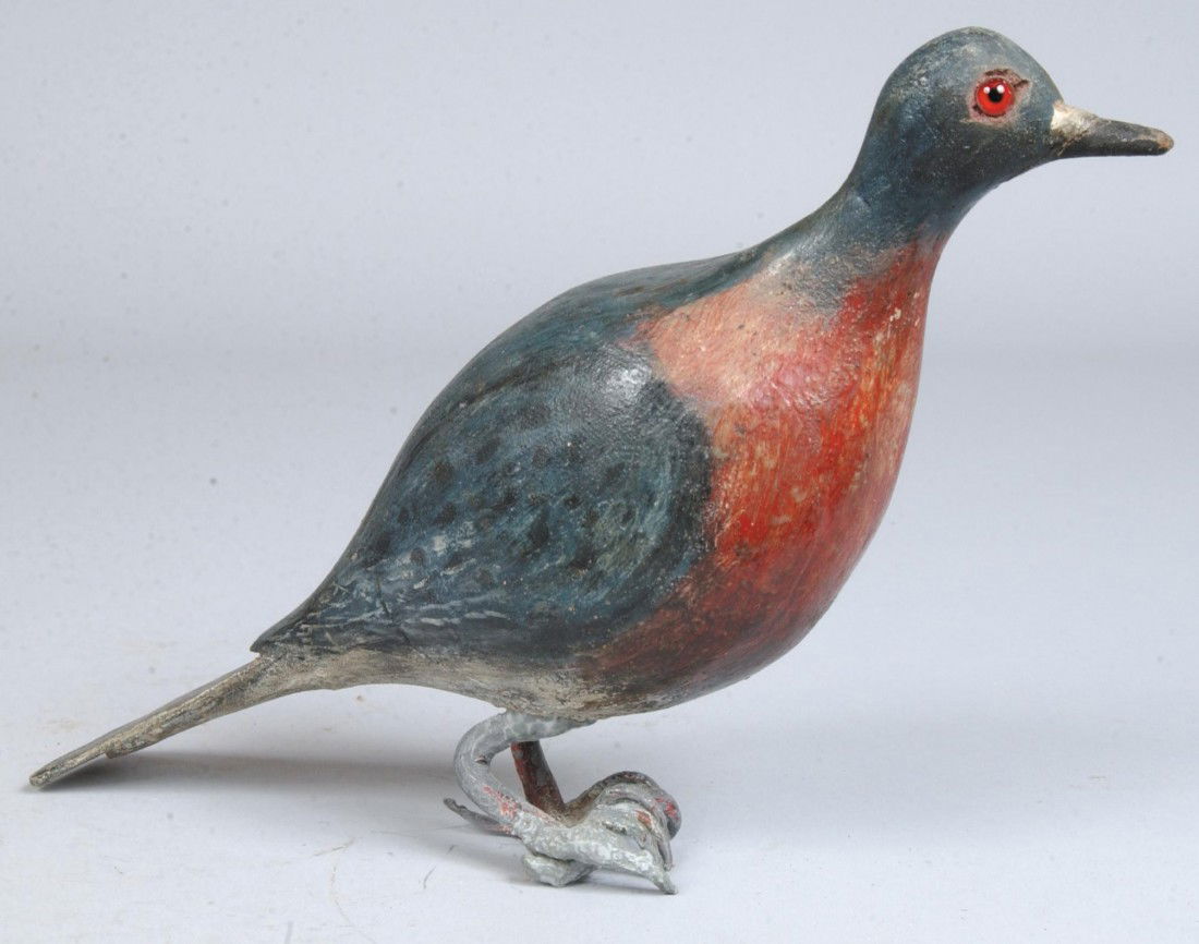Pigeon Decoy, painted blue, red and gray, lead fee: Pigeon Decoy, painted blue, red and gray, lead feet, red glass eyes. No marks. 12"l. Condition: feet distorted