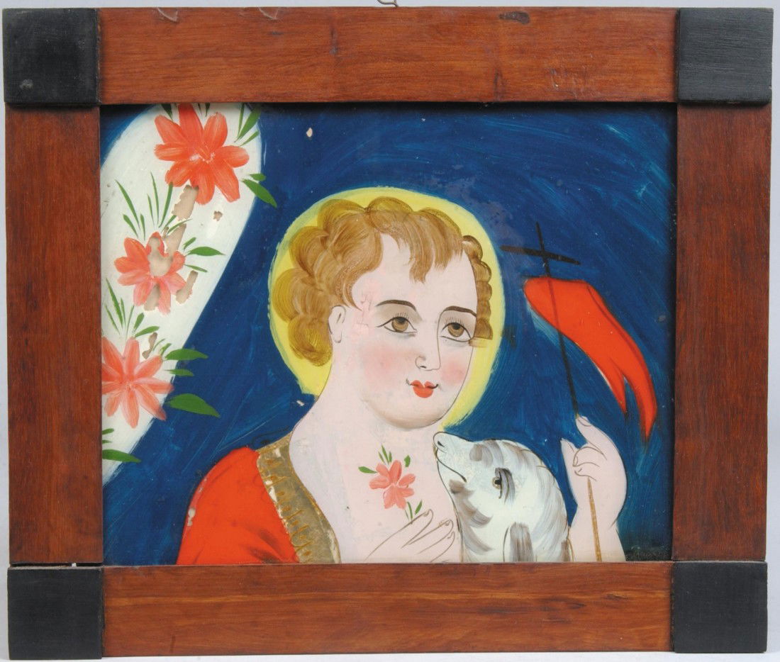 Reverse Glass Painted Religious Icon, Christ with: Reverse Glass Painted Religious Icon, Christ with Lamb on glass in repainted old frame. Possibly Mexican. Unsigned. 10 3/4"h. X 12 1/2"w. Condition: paint flaking from composition in spots