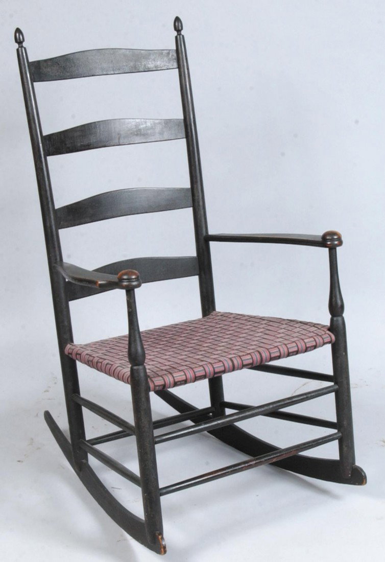 Shaker Rocking Chair Attributed to Mt. Lebanon, NY: Shaker Rocking Chair Attributed to Mt. Lebanon, NY, circa. 1880. Original ebony stained maple, turned finials, four arched top slats (top slat impressed with "6"), curvilinear arms with mushroom caps,