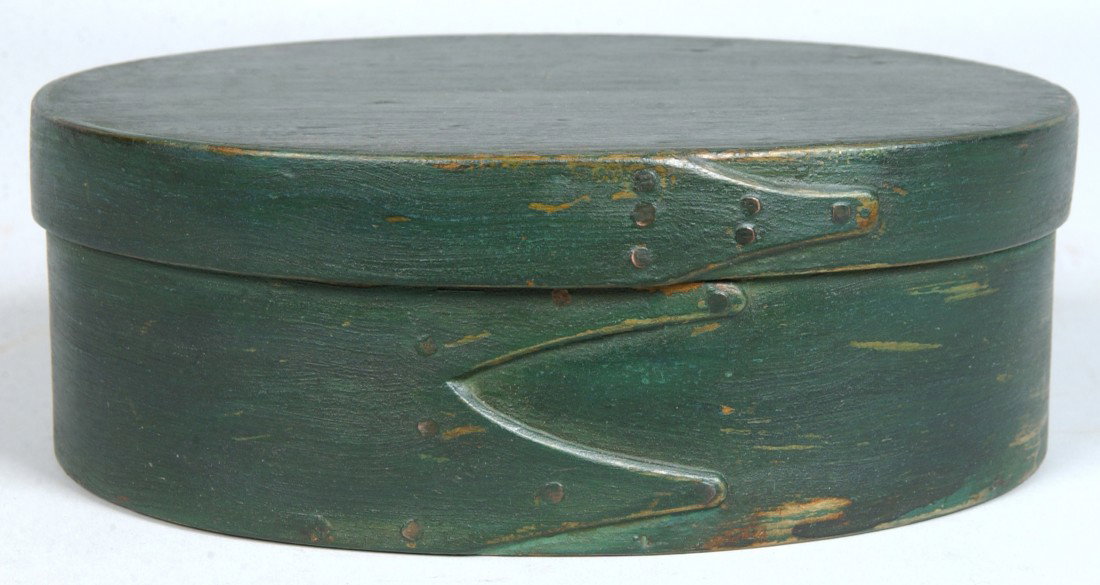 Green Painted Two Finger Oval Pantry Box, maple an: Green Painted Two Finger Oval Pantry Box, maple and pine, copper tacks, single finger lap-joint lid; 2 7/8"h. x 7 7/8"l.; Condition: possibly Shaker, Good