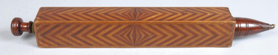 Box Bellows, piston type in a herringbone marquetr: Box Bellows, piston type in a herringbone marquetry box, turned walnut knob and nozzle. Unmarked, but dated 1914. 23"l. Condition: screw check at plunger end