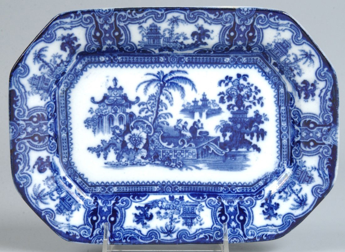Ironstone China "Kyber" Pattern Flow Blue Transfer: Ironstone China "Kyber" Pattern Flow Blue Transfer Small Platter. 7 3/8" x 10". Condition: good.