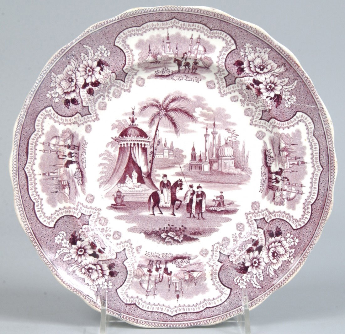 Staffordshire China Purple Transfer "Palestine" Sc: Staffordshire China Purple Transfer "Palestine" Scalloped Edge Luncheon Plate with boat dancing scene, impressed Adams. 8 1/2" diam. Condition: good.