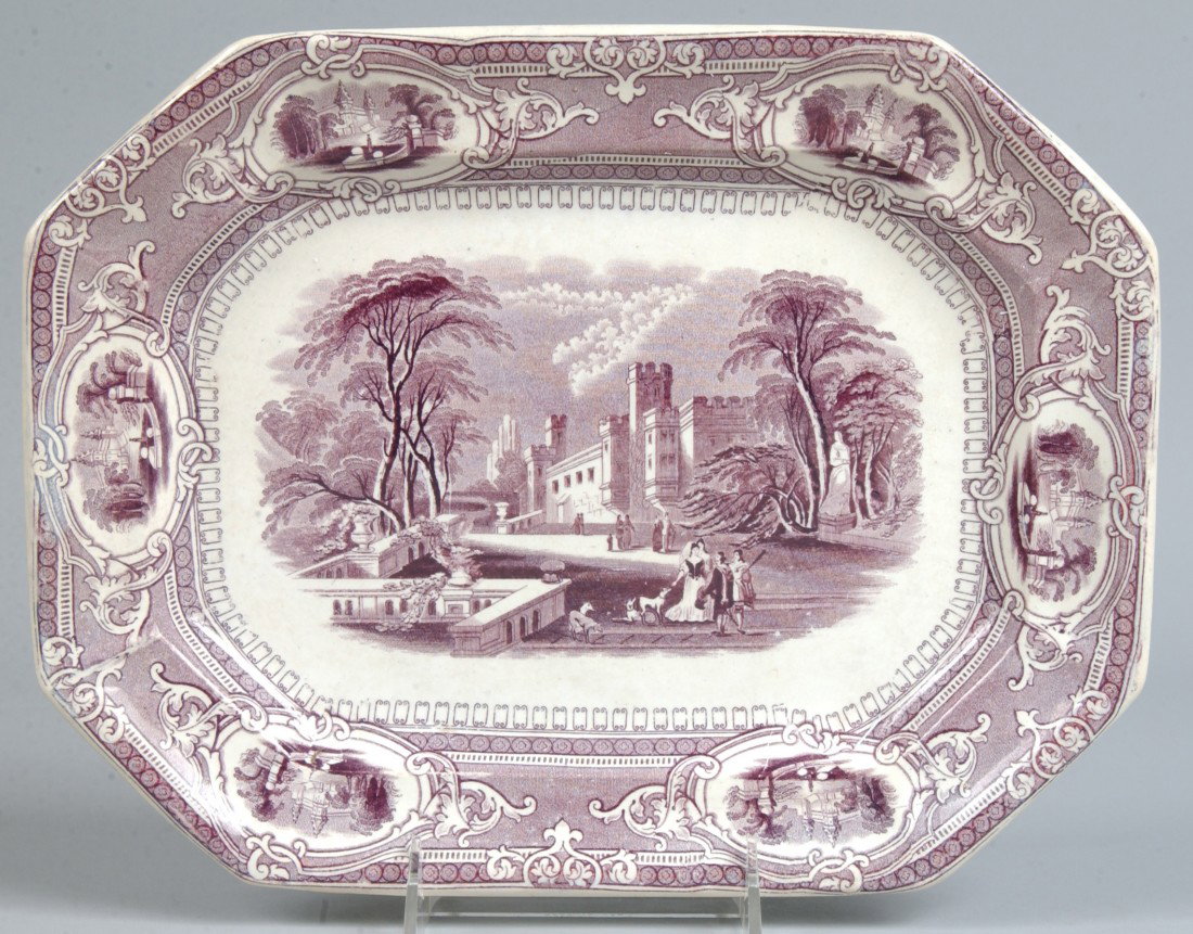 Ironstone China Purple Transfer "Corinthia" Platte: Ironstone China Purple Transfer "Corinthia" Platter by E. Challinor. 9 1/4" x 12 1/4". Condition: good with minor discoloration.