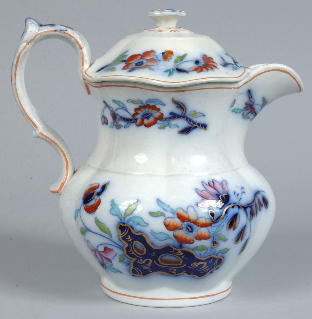 Unusual Gaudy Ironstone China Transfer Covered Cid: Unusual Gaudy Ironstone China Transfer Covered Cider Picher with floral and foliate design, by Davenport. 9 1/2" high. Condition: good.